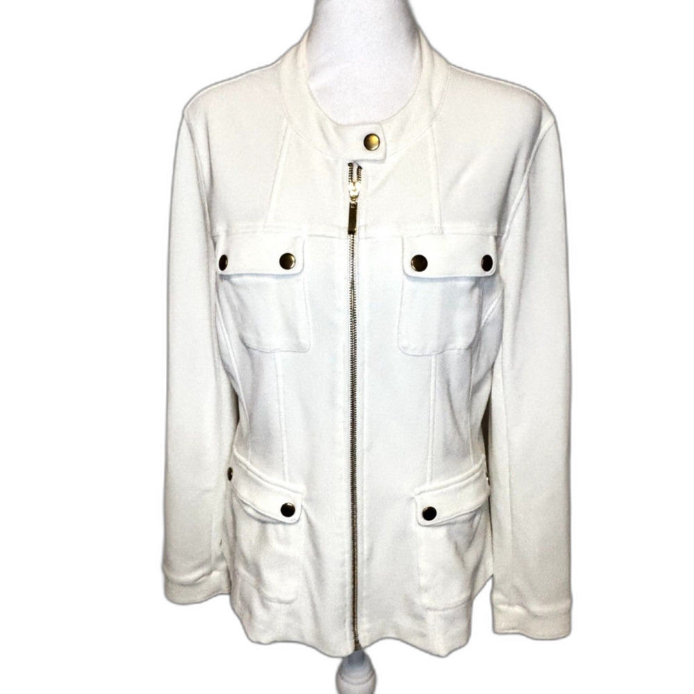 Boston Proper Full Zip Jacket White Gold Hardware Stand Collar Womens M